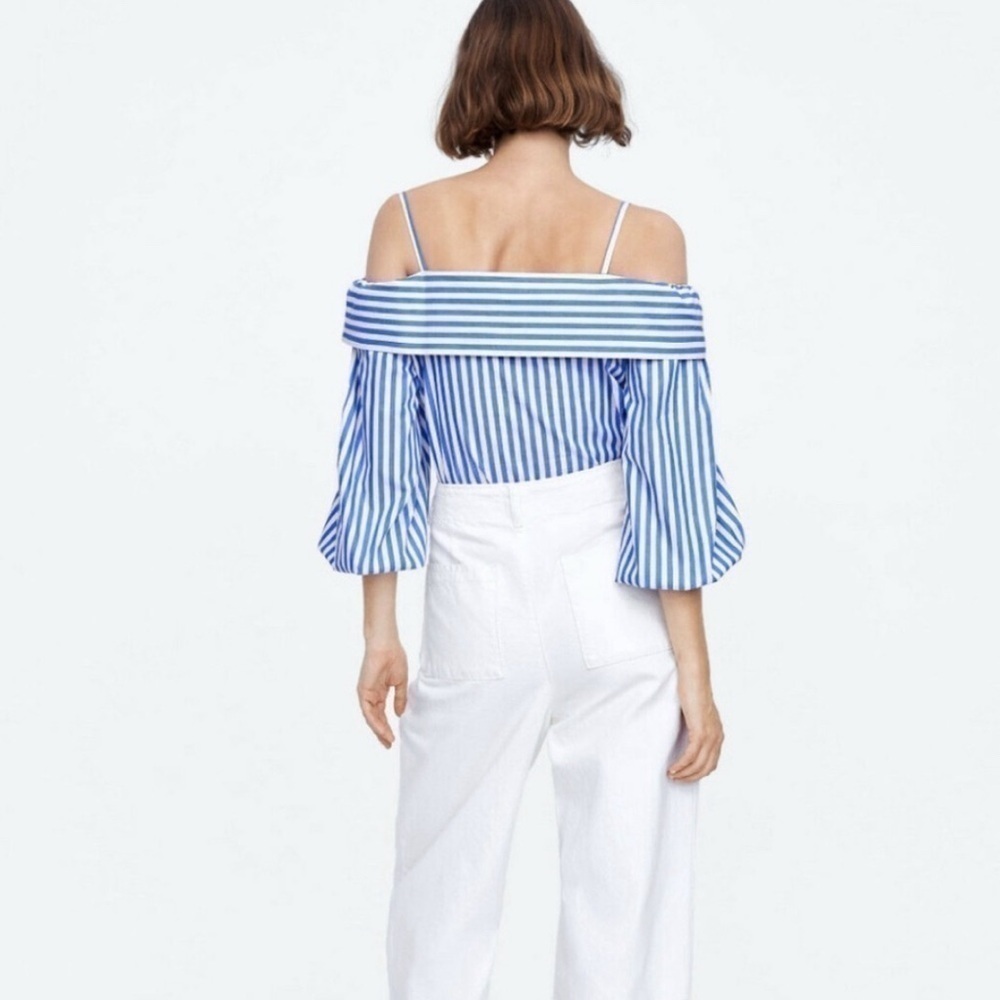 ZARA Blue and White Stripe Off Shoulder Top with Collar SZ XS coastal preppy - Picture 2 of 5